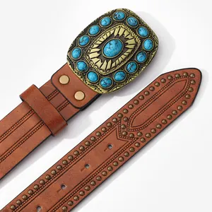 Bohemian vintage brown leather belt with large embossed metal buckle and turquoise stones