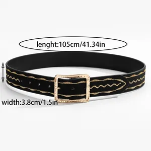 Detail of black belt with gold wavy stitching and 105cm length 3.8cm width dimensions
