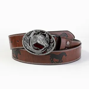 Cintura in pelle marrone vintage con fibbia testa di cavallo argento e cuciture