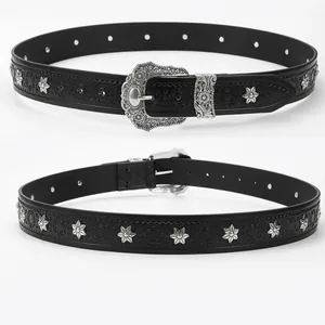Vintage Western Punk PU Leather Belt For Women Men Star Rivet Silver Engraved Buckle Embossed Adjustable Waist Belt
