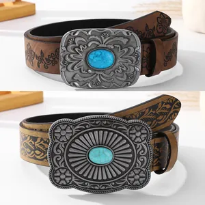Women's Vintage Western Bohemian Belt With Turquoise Embossed Floral PU Leather Wide Waistband Alloy Buckle Ethnic Style Belt