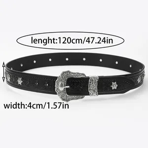 Punk style black leather belt with star rivets and embossed floral silver buckle