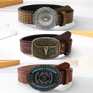 Vintage Western Cowboy Men PU Leather Belt With Bull Head Floral Relief Buckle Embossed Bohemian Ethnic Style Casual Waistband