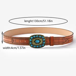 Detail of bohemian belt featuring turquoise buckle with dimensions 130cm by 4cm