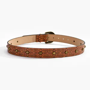 Retro brown leather belt for women featuring floral embossing and bronze mushroom studs