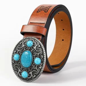 Cintura vintage in pelle marrone scuro con motivi a rilievo e fibbia ovale turchese
