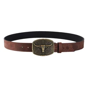 Men's vintage brown leather belt with bronze bull head buckle and embossed floral patterns