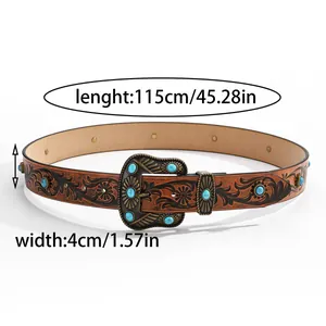 Western vintage brown leather belt with floral embossing and turquoise studs, 115cm length