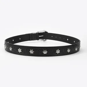 Punk style black belt with silver star rivets and vintage engraved metal buckle