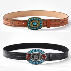 Vintage Bohemian PU Leather Belt For Women With Large Turquoise Alloy Buckle Embossed Western Waist Belt Fashion Accessory