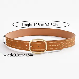 Ceinture marron en cuir pour femme avec broderie ondulée et boucle dorée ovale