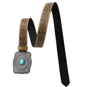 Vintage women's belt with turquoise buckle and floral embossed brown leather texture