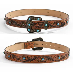 Western Vintage Embossed PU Leather Belt For Women Bohemian Flower Carving Turquoise Inlaid Bronze Alloy Buckle Waistband