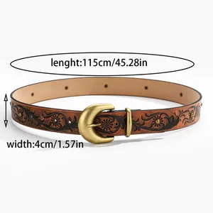 Vintage brown leather belt with floral embossing and 115cm length for women dresses