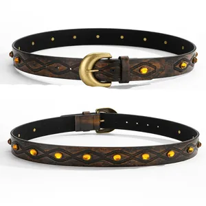 Women Vintage Western Cowboy Style PU Leather Belt Embossed Beaded Distressed Waist Belt Alloy Horseshoe Buckle
