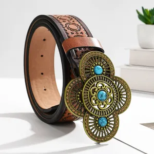 Bohemian Vintage PU Leather Belt With Carved Alloy Turquoise Buckle For Women Men Casual Jeans Ethnic Waist Strap Retro