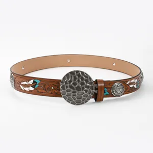 Vintage bohemian brown leather belt with turquoise floral patterns and silver metal buckle
