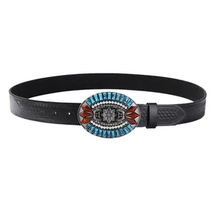 Bohemian black leather belt with embossed texture and vintage turquoise oval buckle