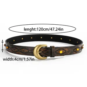 Western vintage brown leather belt with turquoise beads and antique bronze buckle