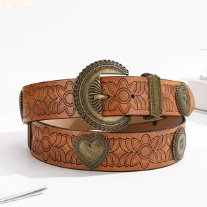 Ceinture femme en cuir marron vintage avec gaufrage floral et boucle bronze