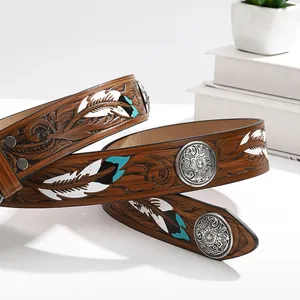 Vintage bohemian brown leather belt with turquoise feather print and silver metal conchos