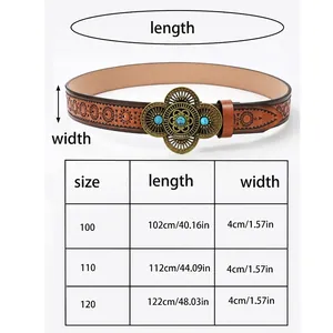Bohemian retro turquoise belt size chart with length and width details in inches