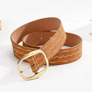 Ceinture marron pour femme avec broderie dorée ondulée et boucle en métal ovale