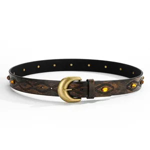 Close-up of vintage Western belt leather texture with red beads and brass buckle