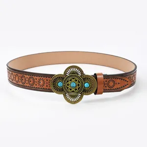 Bohemian vintage brown embossed leather belt with turquoise metal buckle for jeans