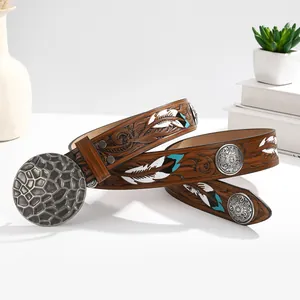 Vintage Women Western Belt Ethnic Bohemian Brown PU Leather Floral Embossed Feather Large Round Metal Buckle