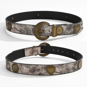 Ceinture vintage en cuir pour femme avec finition argentée craquelée et boucle gravée