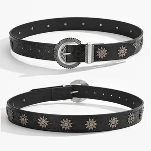 Women Men Vintage Western PU Leather Belt With Floral Embossed Star Rivets Carved Pin Buckle Boho Fashion Waist Belt