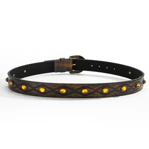 Vintage western-style brown leather belt with amber beads and embossed textures