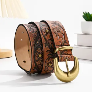 Vintage Women PU Leather Belt Floral Embossed Western Style With Alloy Crescent Pin Buckle For Dresses Jeans