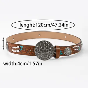 Retro Western embossed leather belt with turquoise accents and round metal buckle