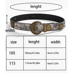 Guide des tailles montrant largeur et longueur de ceinture vintage à boucle gravée