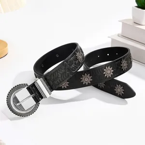 Vintage western black leather belt with star rivets and engraved oval buckle for women