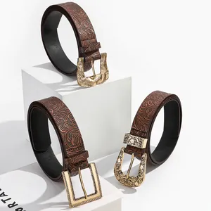 Women Vintage Embossed PU Leather Belt With Golden Alloy Pin Buckle Retro Western Floral Carved Waist Strap For Casual Fashion Accessories
