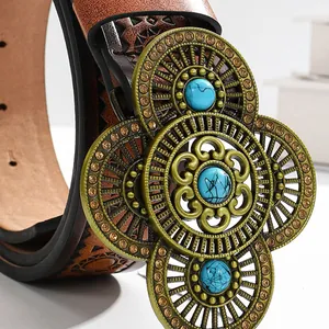 Bohemian vintage brown leather belt with turquoise buckle and geometric embossing
