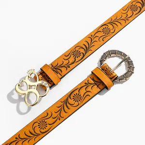 Women Vintage Y2K Bohemian Embossed PU Leather Belt With Flower Vine Pattern Alloy Buckle Adjustable Retro Waist Strap Accessory