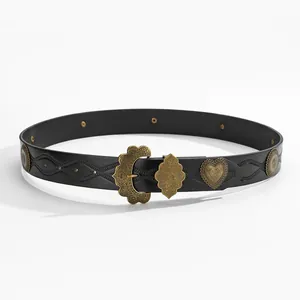Bohemian western black PU belt with vintage gold floral buckle and heart metal studs