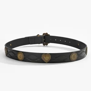 Bohemian western cowboy belt in black PU leather with vintage floral bronze buckles