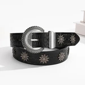 Vintage black leather belt with silver star rivets and large engraved round buckle