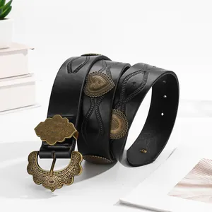 Bohemian western cowboy black PU leather belt with embossed patterns and metal studs