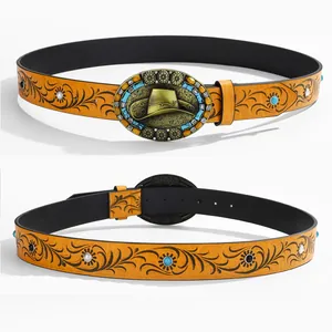 Retro Western cowboy leather belt with floral embossing and large turquoise metal buckle