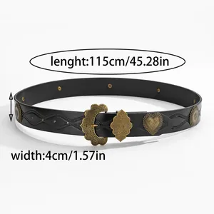 Close-up of bohemian PU leather belt with embossed metal plates and dimensions