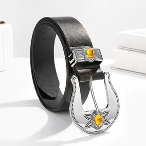 Vintage western leather belt with engraved silver buckle and amber stones in brown color