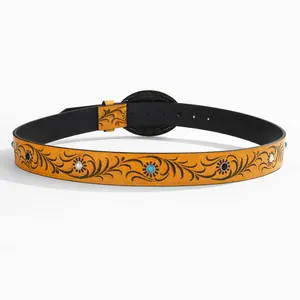 Retro western cowboy leather belt with floral embossing and turquoise stone buckle detail