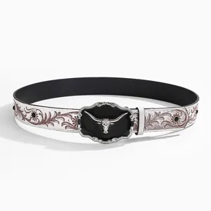 Ceinture de cowboy western avec boucle longhorn argentée et cuir blanc à motif floral