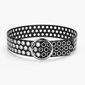 Schwarzer Y2K-Punk-Breitgürtel mit drei Reihen Silberösen und runder Metallschnalle